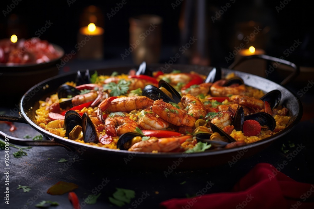 Exquisite paella in a clay dish against a galvanized steel background Exquisite paella in a clay dish against a galvanized steel background