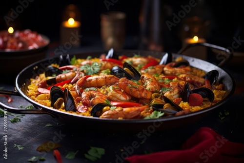 Exquisite paella in a clay dish against a galvanized steel background