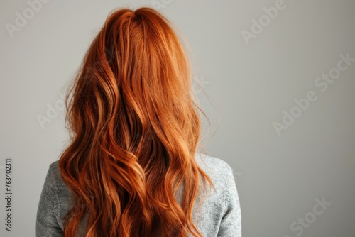 portrait of a beautiful long voluminous wavy brown hair on a girl, viewed from the back,Beautiful girl with hair coloring in orange . Stylish hairstyle done in a beauty salon. Fashion, cosmetics  photo