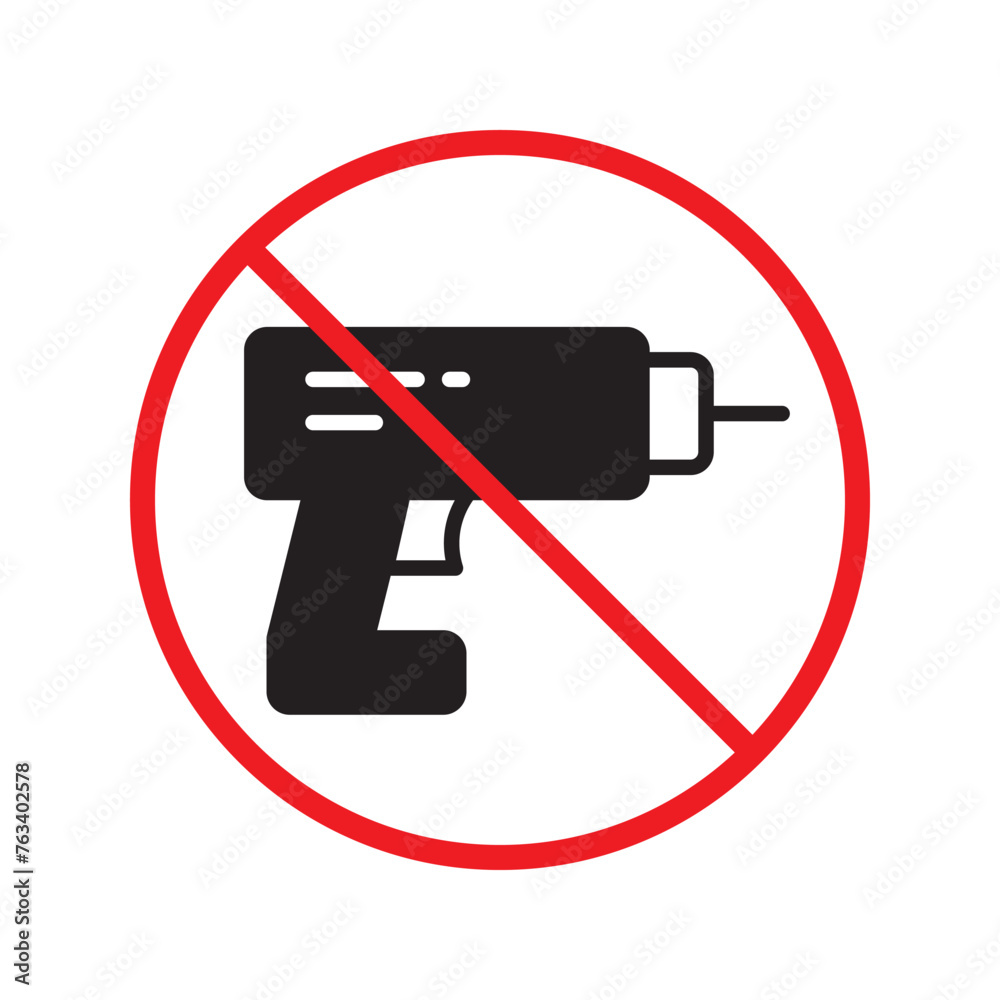 Forbidden drill vector icon. Electric drill flat sign design. Prohibited perforator symbol pictogram. Warning, caution, attention, restriction label ban flat sign design. Forbidden drill vector icon. Electric drill flat sign design. Prohibited perforator symbol pictogram. Warning, caution, attention, restriction label ban flat sign design.