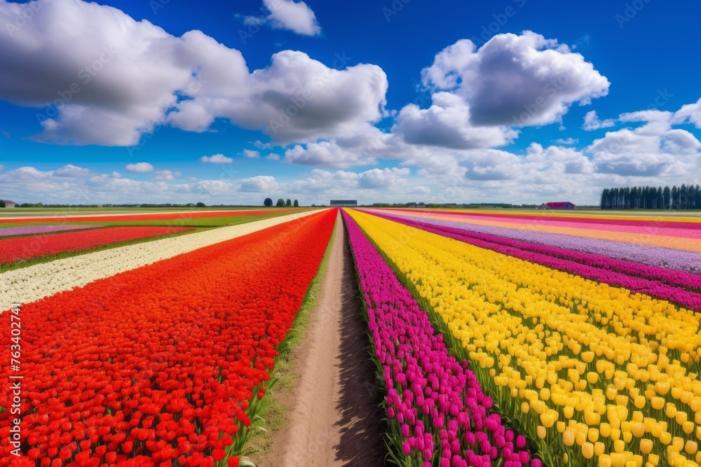 A road surrounded by vibrant tulip fields under blue sky