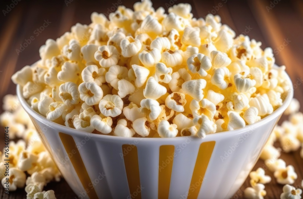 Popcorn in white striped dish on table. Popcorn in white striped dish on table.