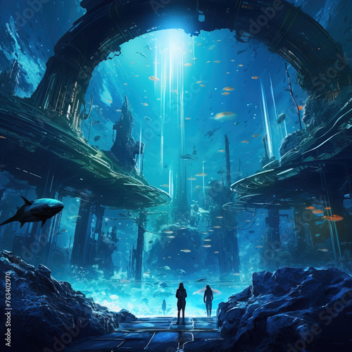 Underwater futuristic city in monochrome blue tone showcasing scientists at isolated research facility with advanced aquatic vehicles involved in enigmatic experiments. Ideal digital art illustration.