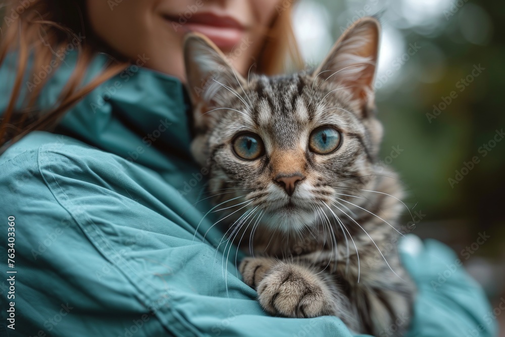 A heart-warming close-up of a tabby cat comfortably nestled in the arms of a woman, symbolizing care and companionship A heart-warming close-up of a tabby cat comfortably nestled in the arms of a woman, symbolizing care and companionship
