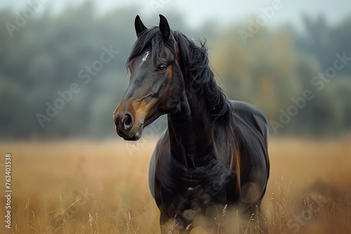 A stunning black horse with a glossy coat stands out in a dreamy, misty field with a soft-focused background