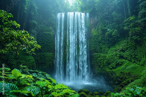 A dense jungle encloses a tall waterfall, shrouded in mist and vibrant green foliage.