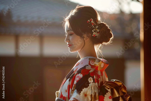 A beautiful young woman in a kimono practicing traditional Japanese customs