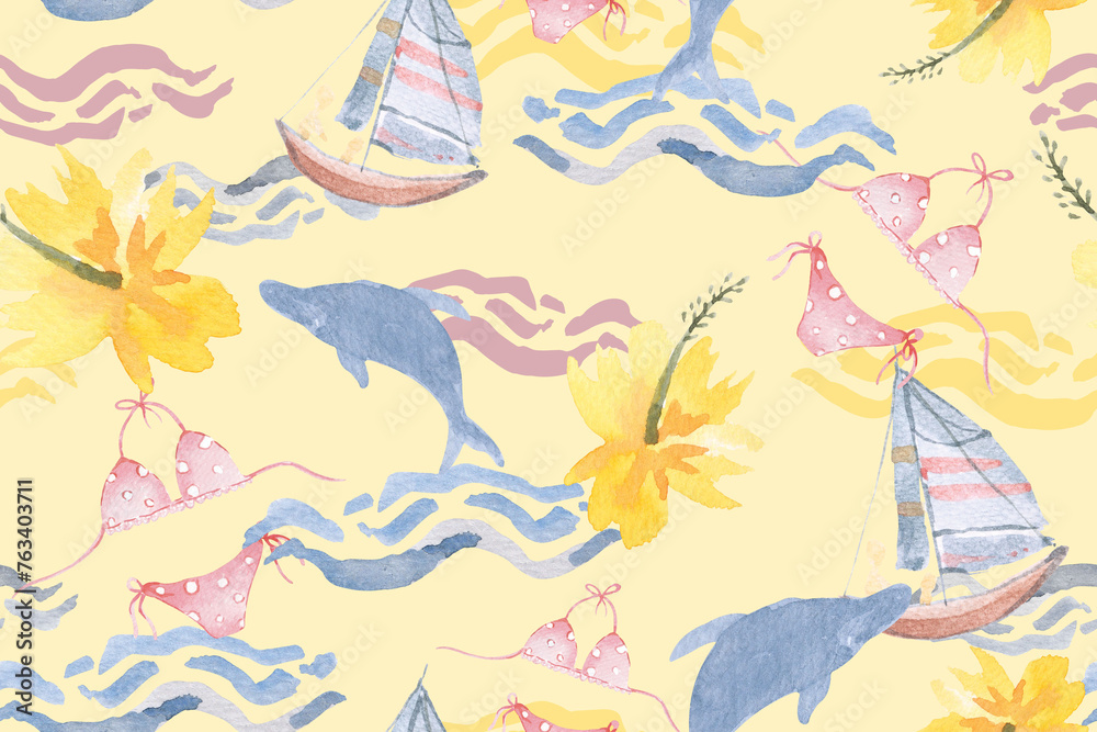 Seamless pattern of dolphins, sea, sailboat.Surf Beach background.Suitable for designing fabric and wallpaper patterns.Hawaii Islanders Surf Activity.Painted with watercolors