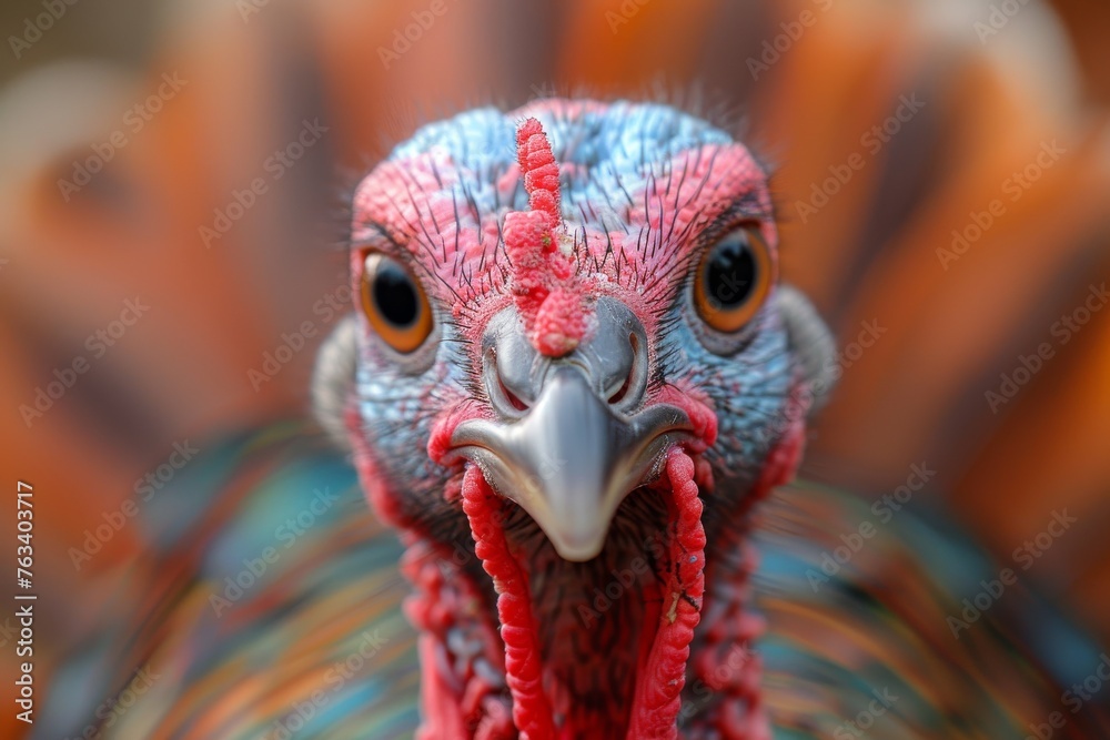 A wild turkey stares intensely at the camera, with a blurred orange background highlighting its features A wild turkey stares intensely at the camera, with a blurred orange background highlighting its features