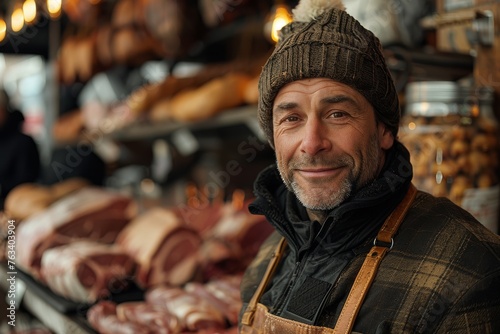 A mature male butcher wearing winter clothes and an apron poses in front of a meat display