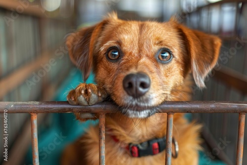 The image shows a curious dog peeking over a metal barrier, face blurred for privacy in a domestic setting
