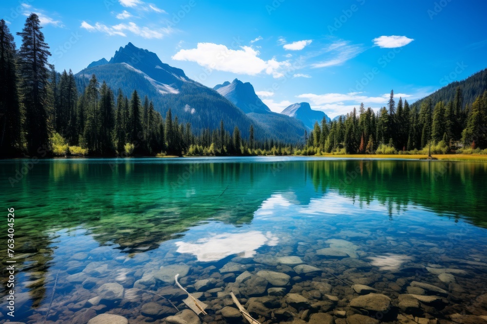 Serene lake reflecting the clear blue sky and surrounding mountains