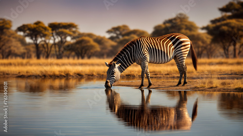 A zebra leans down to drink from a pond with empty copy space. Generative AI