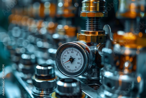 Sharp industrial image showcasing a single pressure gauge among a series of valves in a machinery setup