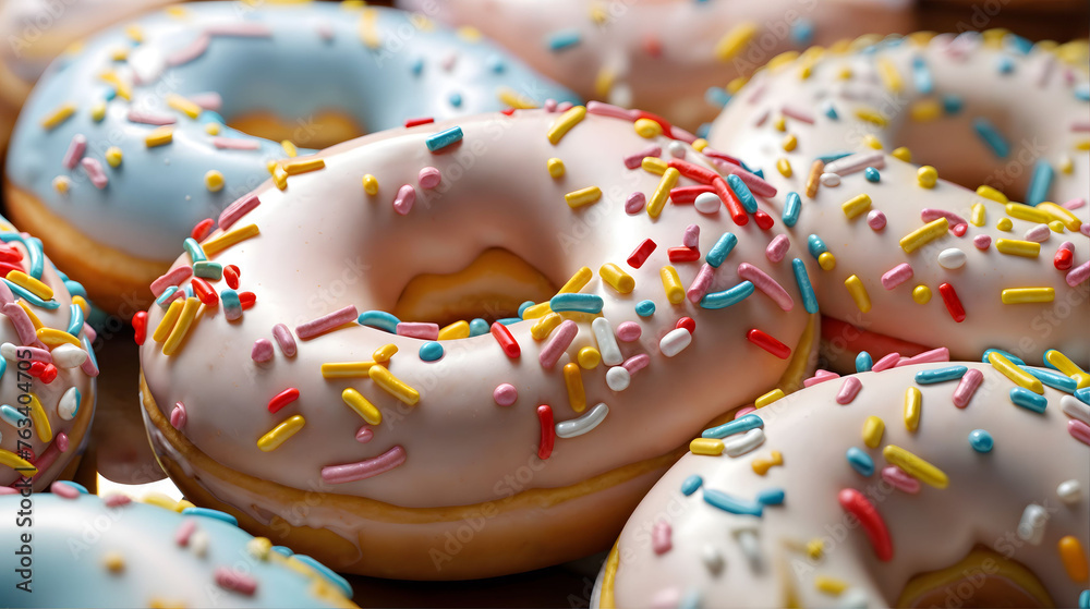 A pink frosted doughnut, embellished with colorful sprinkles, Generative AI.