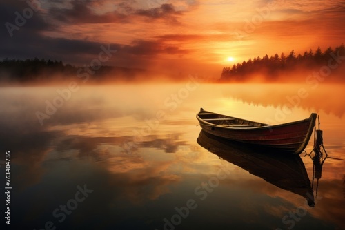 Sunrise sky background over a misty lake with a fishing boat