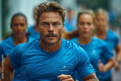 A determined runner leads a group in a marathon, his expression focused and intense.