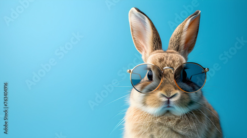 A cool bunny wearing sunglasses, isolated on a blue background. Perfect for humor, fashion, or summer-themed designs.