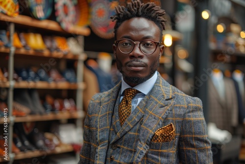 A sharp-dressed Ethiopian man in a patterned suit stands confidently in a shop, epitomizing style