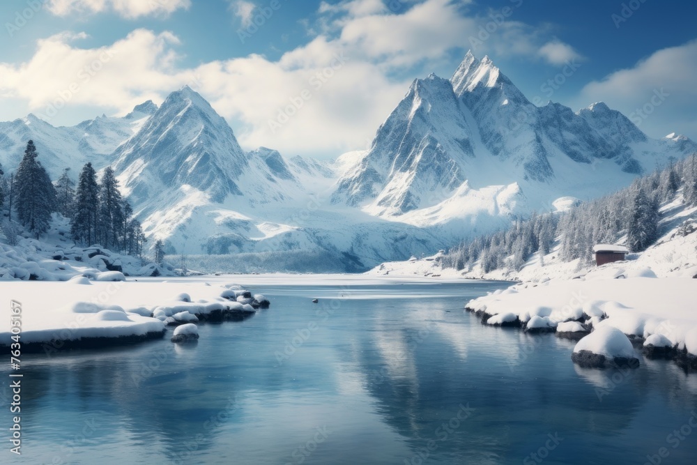 A calm lake surrounded by snow-covered peaks in a winter wonderland