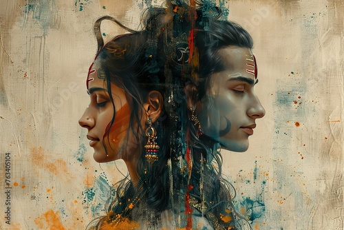 Illustration for maha shivratri in a grunge style with lord shiva with a trident and goddess parvati photo