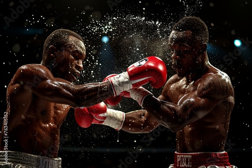 Intense boxing scene capturing the decisive moment of powerful punches in a dynamic display of athleticism and competition © Larisa AI