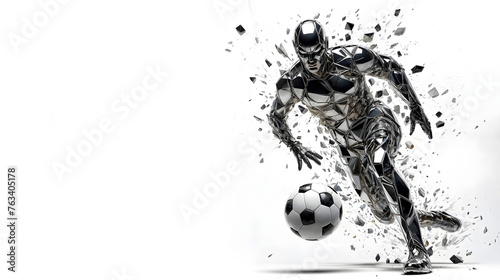 World of soccer with abstract player, white background copy space. Generative AI