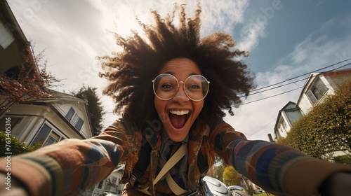 laughing happy young african american woman riding a bike and taking a selfie with fisheye effects, buzzer actively spending time living for herself,Generated AI