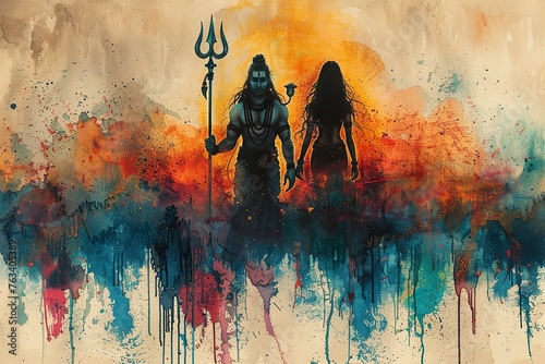 Illustration for maha shivratri in a grunge style with lord shiva with a trident and goddess parvati photo