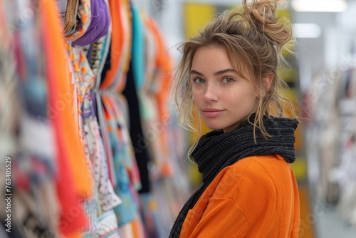 A fashionable young woman with a messy bun and vibrant orange scarf looks over her shoulder in a modern fabric shop.