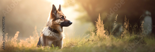 Hunting dog on a blurred background of a foggy forest. Banner, panorama. Site header. Copy-space.