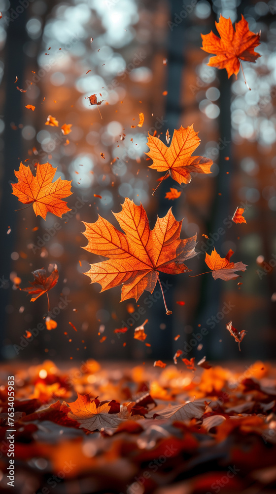 Gorgeous beautiful landscape with close-up of yellow falling maple leaves on forest background. Wallpaper. vertical. Gorgeous beautiful landscape with close-up of yellow falling maple leaves on forest background. Wallpaper. vertical.