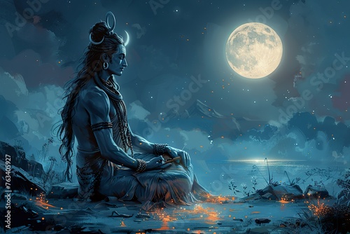 Illustration of lord shiva in a meditative pose against the backdrop of a night sky with a full moon