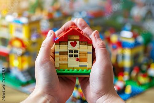 A pair of hands holding a tiny house made of Lego bricks with a small red heart on the front door, against a blurred background of a colorful Lego city.
