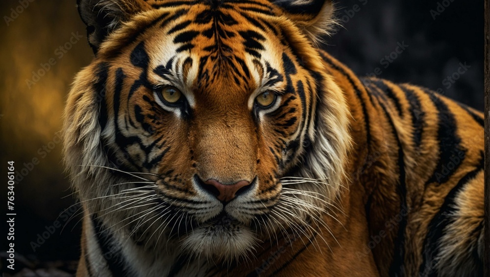 A powerful portrait of a majestic tiger with a fierce gaze, set against a dark, moody background A powerful portrait of a majestic tiger with a fierce gaze, set against a dark, moody background