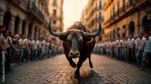 The streets of Pamplona whit the bulls through, during San Fermín. Generative AI photo