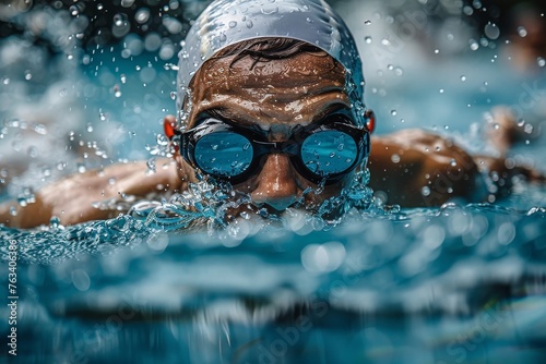 Intense close-up shot of a swimmer mid-stroke in a race, showcasing the power and energy of competitive swimming © Larisa AI