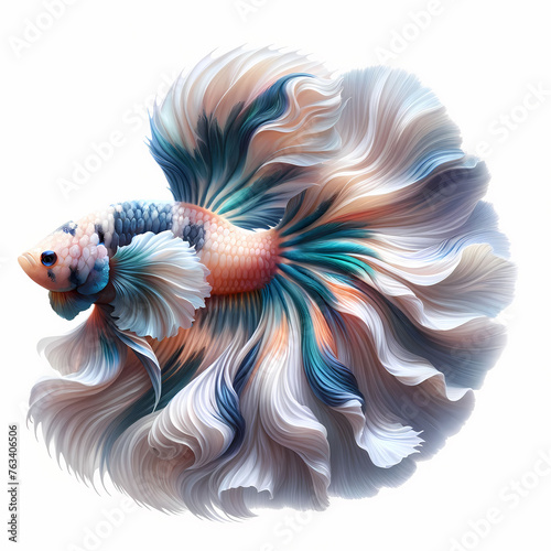 A realistic, full-body portrait of a betta fish, prominently featuring a radiant marble coloration that glows softly.  © bteeranan