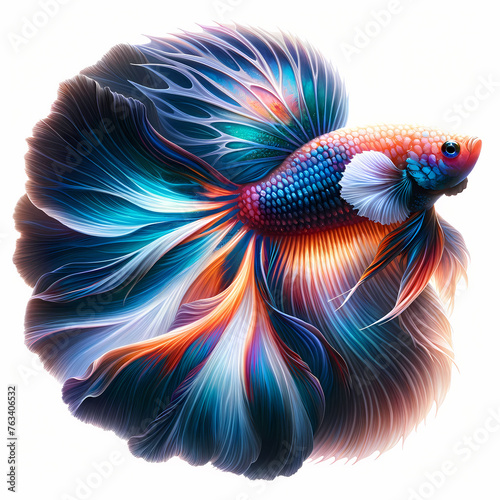 A full-body portrait of a betta fish with a captivating butterfly coloration, glowing softly against a pure white background. The fish should be rendered in great detail