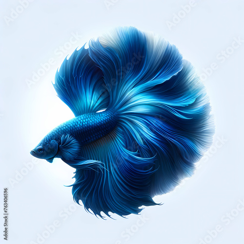 A full-body portrait of a betta fish, illuminated by a stunning, deep blue glow. The fish should be depicted in high detail, emphasizing the sleekness of its body and the delicate texture © bteeranan