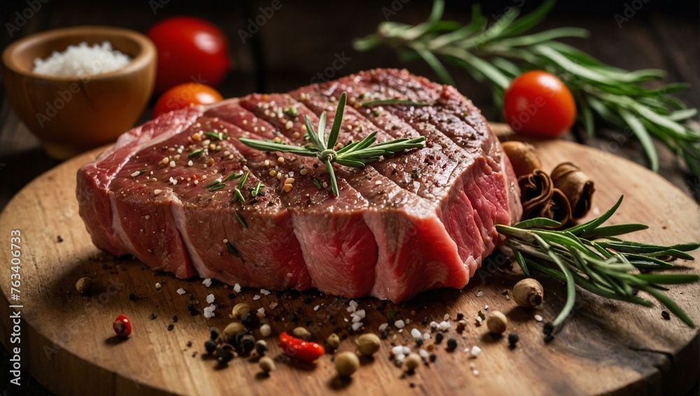 High-quality raw steak with aromatic seasoning ready for cooking, staged on a wooden cutting board