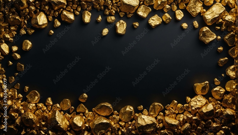 A luxurious and rich frame of golden nuggets scattered artistically around a black background to form an abstract border A luxurious and rich frame of golden nuggets scattered artistically around a black background to form an abstract border