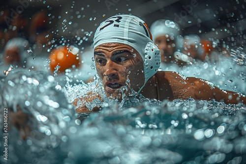 Action shot of a swimmer preparing for a backstroke with water splashing around, focusing on the athleticism of the sport © Larisa AI