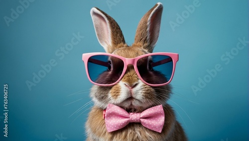 An adorable rabbit wearing fashionable pink shades and a bow tie for an Easter-themed shoot