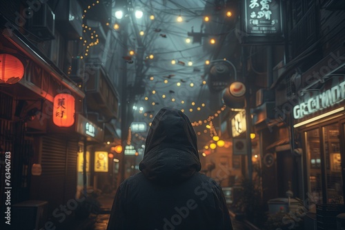 Hooded Figure in Atmospheric City Night Lights