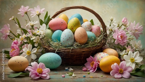 A rustic basket filled with pastel-colored Easter eggs surrounded by a variety of blooming spring flowers