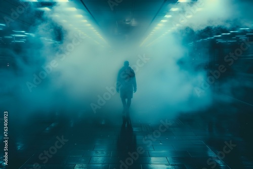 Mysterious Person Walking in Futuristic Corridor with Fog