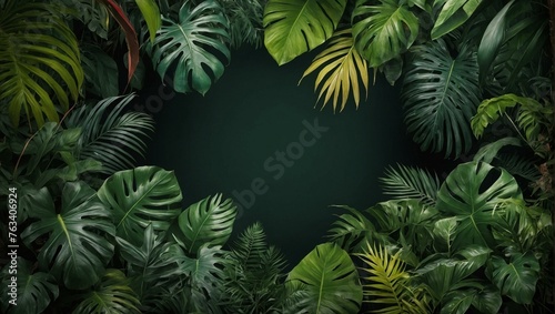 Lush and exotic tropical leaves of various shapes and shades of green create a natural frame around a central dark space