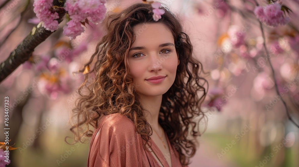 Girls face in frame of blossom tree branch outdoor Girls face in frame of blossom tree branch outdoor