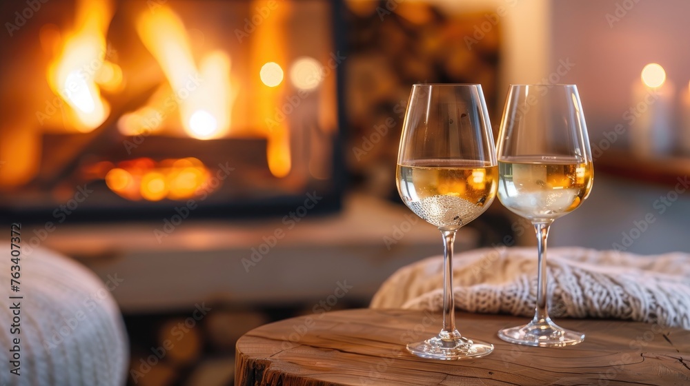 Wine glasses, Drinking Wine with a fireplace background